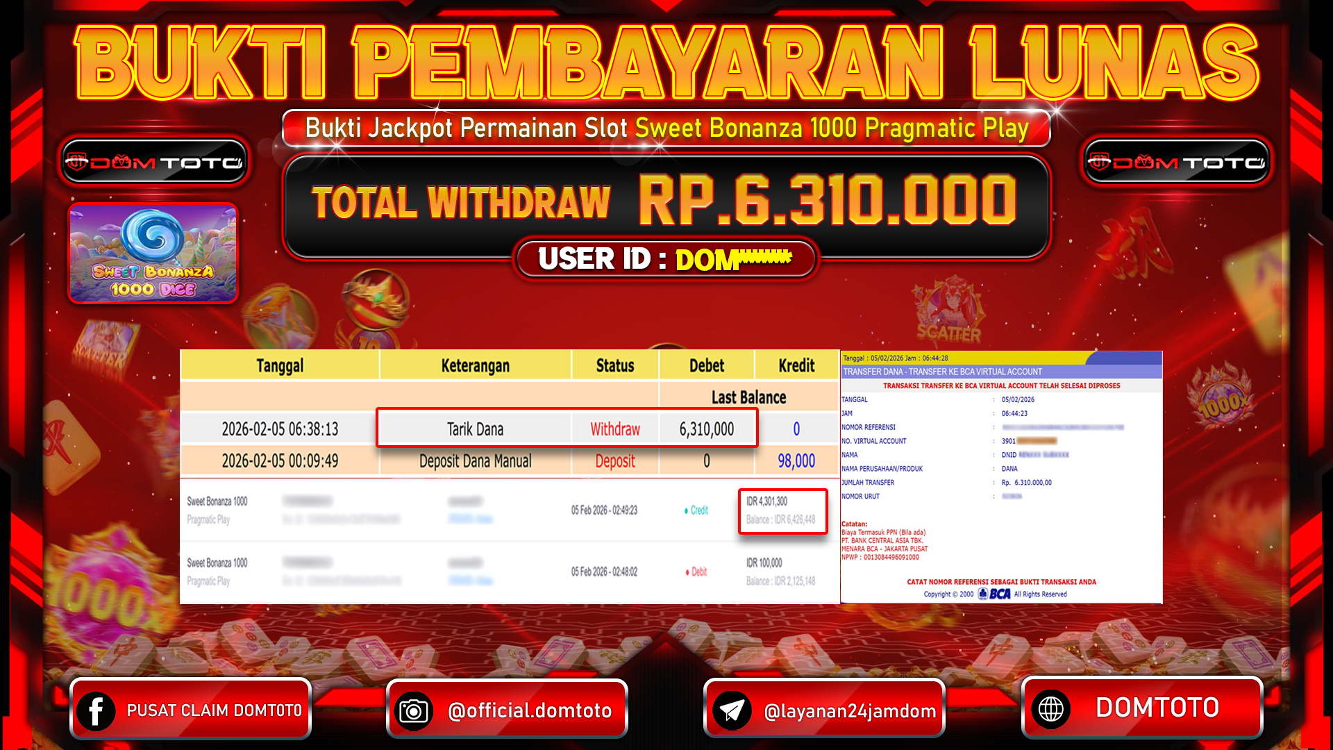 JACKPOT SLOT Sweet Bonanza 1000 Pragmatic Play 05 FEBRUARI 2026